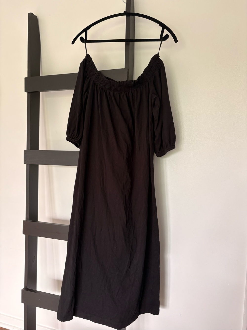 H&M Black Off-Shoulder Midi Dress with Puff Sleeves